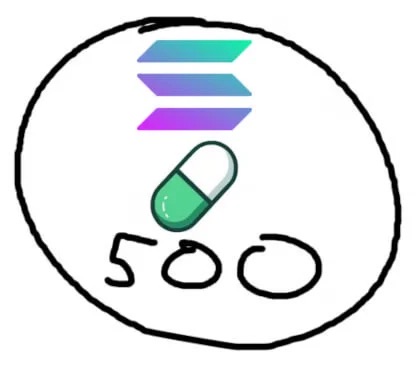 Solana 500 hand-drawn logo: Solana mark, a pump.fun pill and a scribbled 500